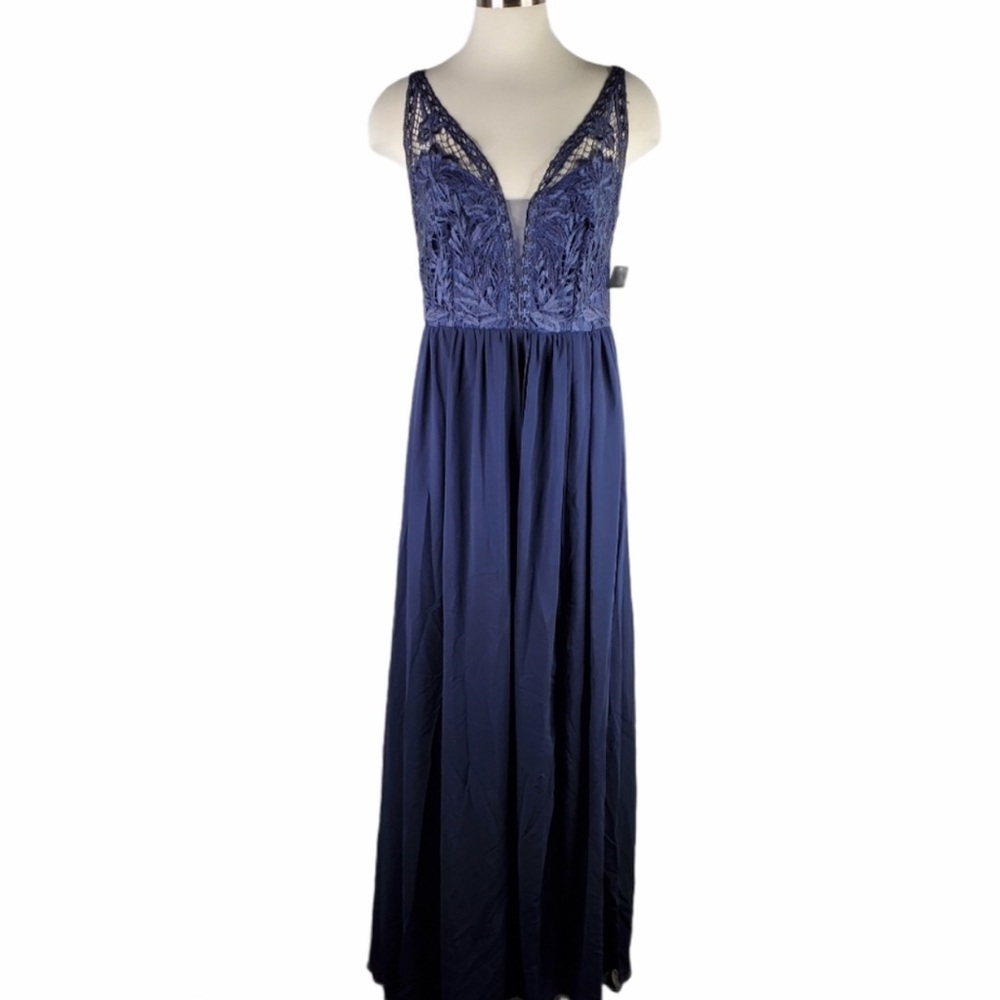 Lulus Melvina Navy Lace Chiffon Maxi Dress Medium